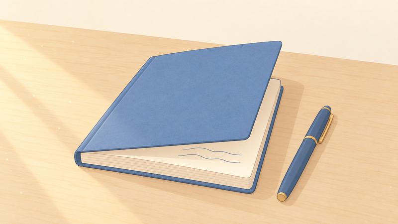 机の上の新品の手帳の1ページ目に波線が数本だけ書かれ、閉じかけた表紙の横にペンが置かれている。