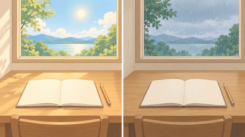 同じ机とノートを、左は晴れた窓の光の下、右は雨で薄暗い窓の下に置き、机の上の物は変わらない。