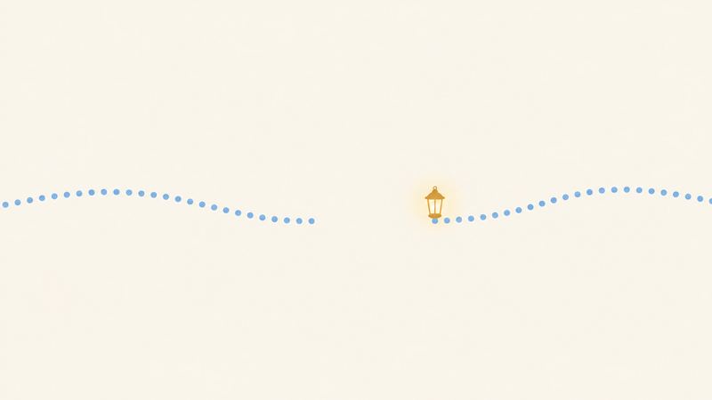 青い点線の道が途中で途切れ、空白のあと小さなランタンの位置から同じ向きに再開して続く。