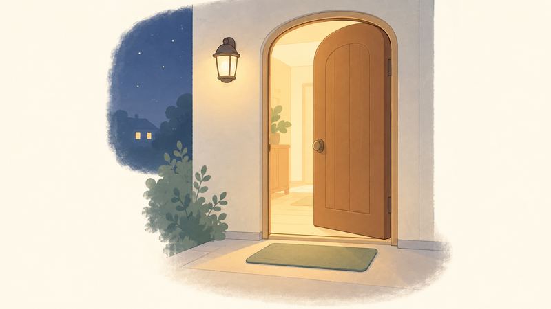 夜の玄関ドアが少し開いて中の明かりが漏れ、外灯がともり、玄関先の小さなマットが暗がりに置かれている。