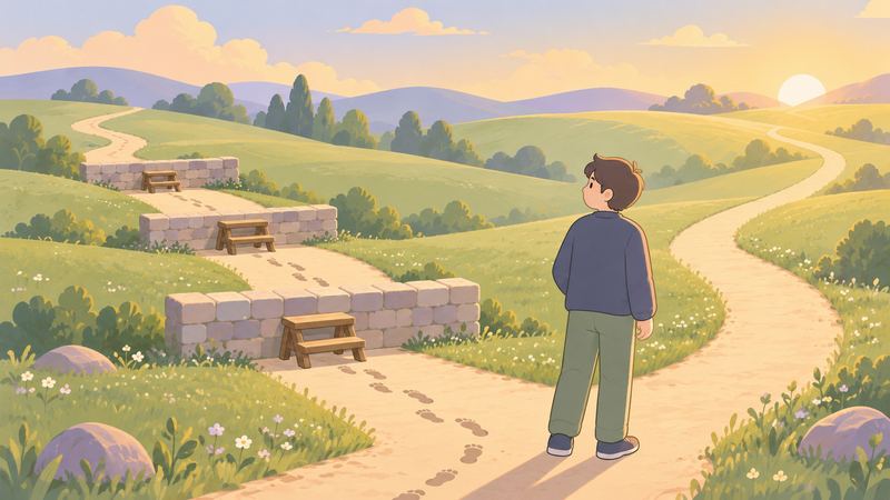 越えてきた道には踏み台と足あとの残る低い石壁が3つあり、人が立ち止まって振り返り、先の道は夕日で明るい。