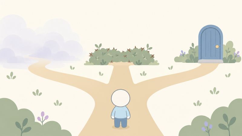1本の道が3本に分かれ、霧の中へ続く道ととげの生け垣で行き止まる道、閉じた扉に至る道を、小さな人が見比べている。