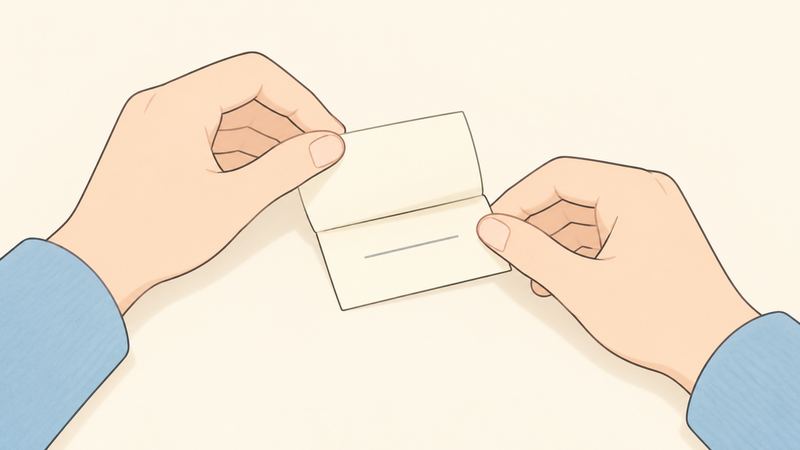 机の上で両手が小さなメモを二つ折りにしており、メモには短い線が1本描かれているだけになっている。