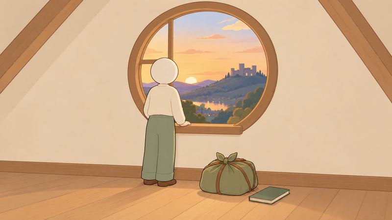 屋根裏の丸窓から夕焼けの城を見る後ろ姿の人の足元に、荷包みと閉じたノートが置かれている。