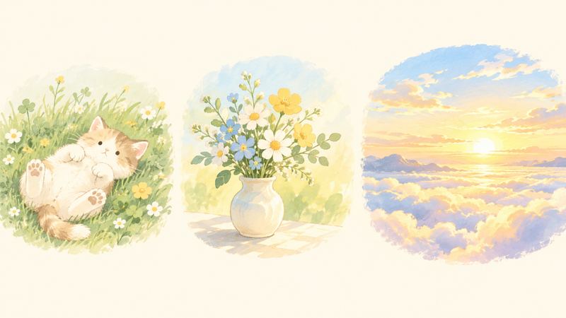 転がる子猫、生けた花束、雲海の夕焼けの順に3つの円が並び、右へ行くほど光が強くなる。