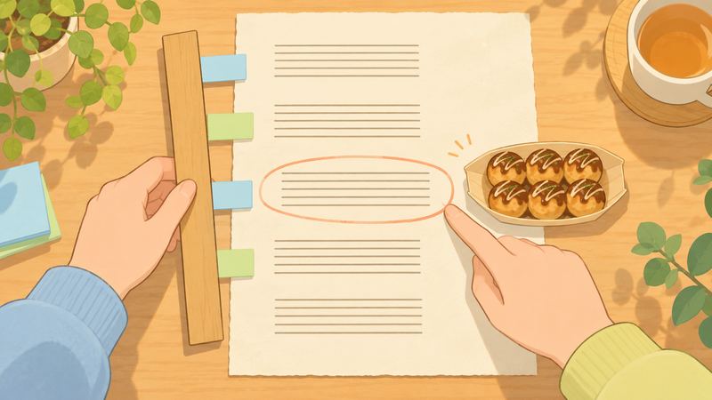 罫線だけの原稿に、左から定規と付箋を当てる手、右から段落を丸で囲みたこ焼きの舟皿を添える手がある。