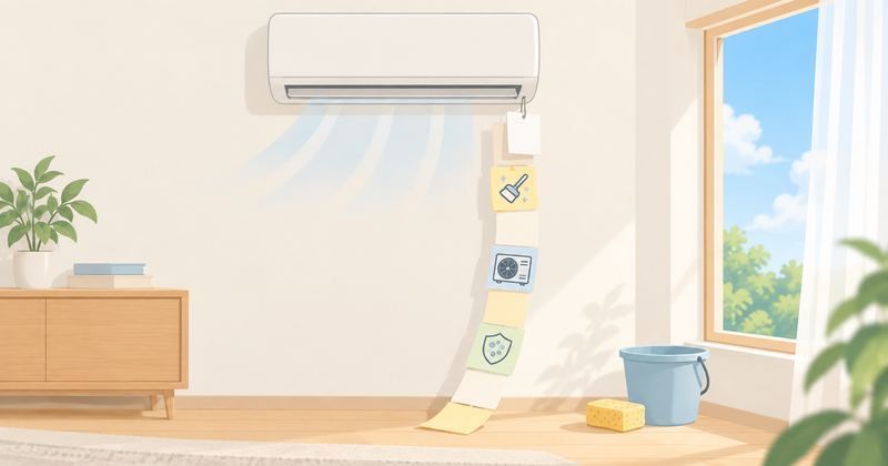 壁掛けエアコンから値札と付箋が帯状に垂れ下がり、ブラシや室外機、防カビを示すアイコンがついている。