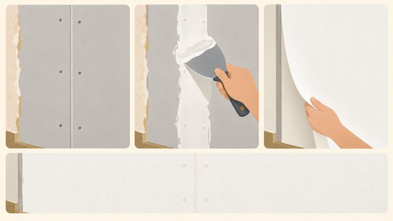 継ぎ目とビス穴の見える石膏ボードに白いパテを塗る手と、壁紙を貼る手が並び、下にパテを省いた場合の透けた跡が示されている。