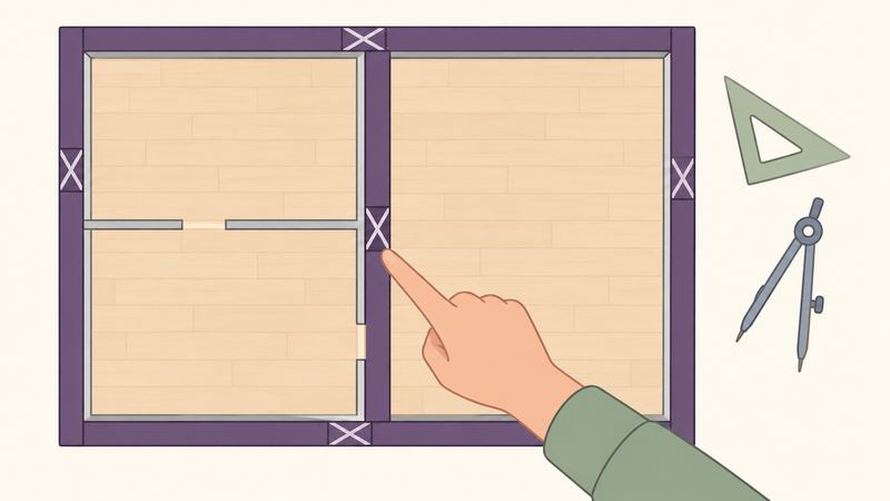 部屋の平面図で、筋交いの印がある耐力壁が濃い紫の太線、間仕切り壁が細い線で描き分けられ、手がその一枚を指さしている。