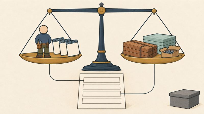 天秤の左の皿に道具袋の職人とカレンダー、右の皿に木材や断熱材の束が乗り、支柱の下の見積書へそれぞれ線がつながっている。