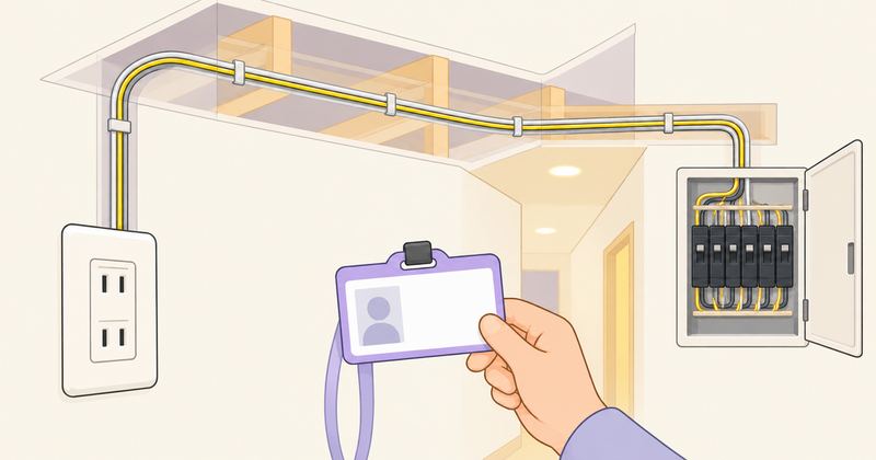 コンセントから壁の中の配線が分電盤までつながって見え、手前で無地の資格カードを差し出す手がある。
