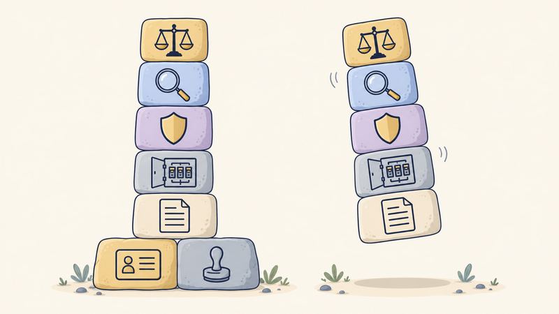 左の塔は資格の礎石の上に道具のブロックが積まれ、右は同じブロックが礎石なしで浮いて傾く。