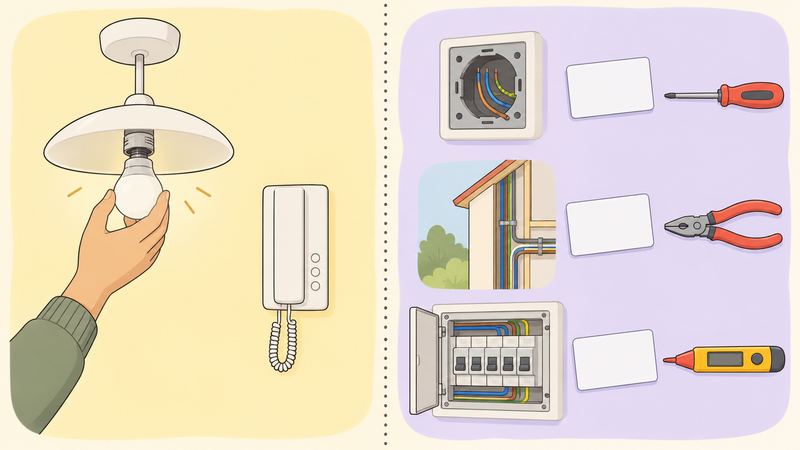 点線で仕切られた画面の左に電球を交換する手とインターホン、右にコンセントの配線や分電盤と工具が並んでいる。