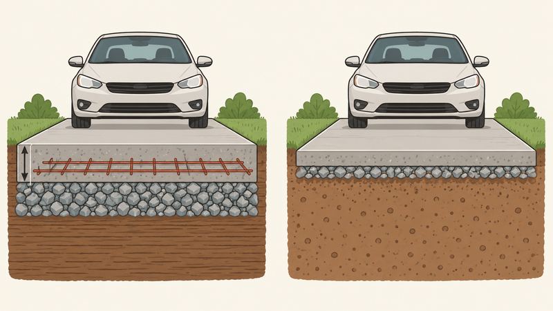 左は鉄筋入りの厚いコンクリートと砕石の断面、右は鉄筋なしの薄い層で、同じ車が地表に乗る。
