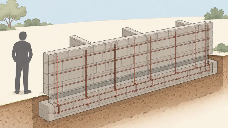 半透明に描かれたブロック塀の構造図で、地中の基礎と縦横の鉄筋、裏側を支える控え壁が見え、横に人のシルエットが立っている。