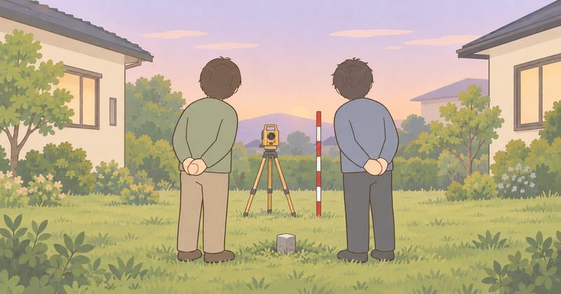 隣り合う2軒の家の庭の境目で、後ろ姿の2人が草むらの小さなコンクリートの杭と、三脚の測量機と紅白のポールを見ている。
