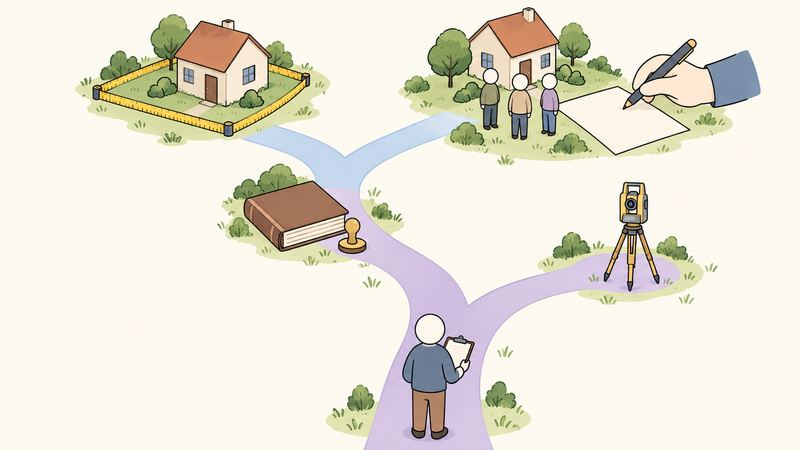 クリップボードを持つ人の前で道が分岐し、進む先に台帳や測量機、隣人との立会いと署名が続く。
