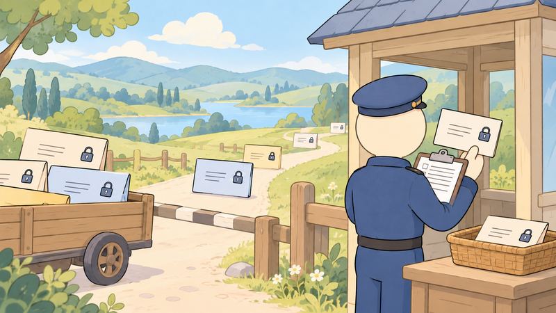 番小屋で後ろ姿の番人が錠前付きの封筒を名簿と見比べ、1通だけ脇のかごへそっと外している。