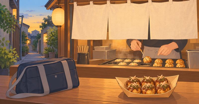 夕方の路地のたこ焼き屋で店主の手元が鉄板のたこ焼きを返し、手前のカウンターに学生かばんと盛られた皿がある。