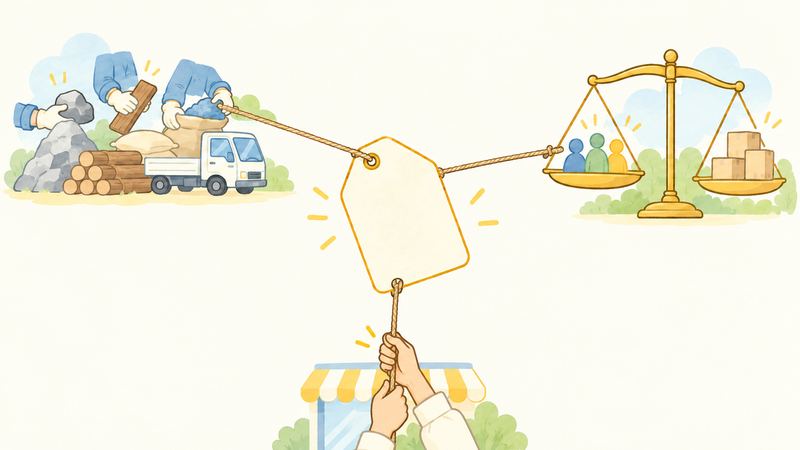 無地の値札を3本の糸が引き、左は資材を運ぶ手とトラック、右は人と箱を量る天秤、下は店の前で糸を握る両手につながる。