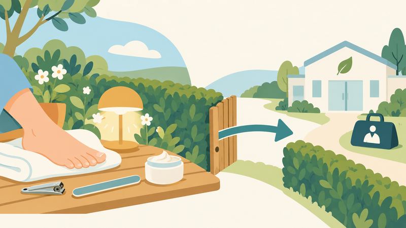 左は健康な素足と爪切りが並ぶ庭、生け垣の木戸を矢印が抜け、右に小さな診療所と往診バッグがある。