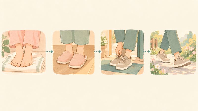 足元だけを四コマで並べ、タオルの上の素足から室内ばき、玄関の靴、外の小道へと矢印でつながっている。