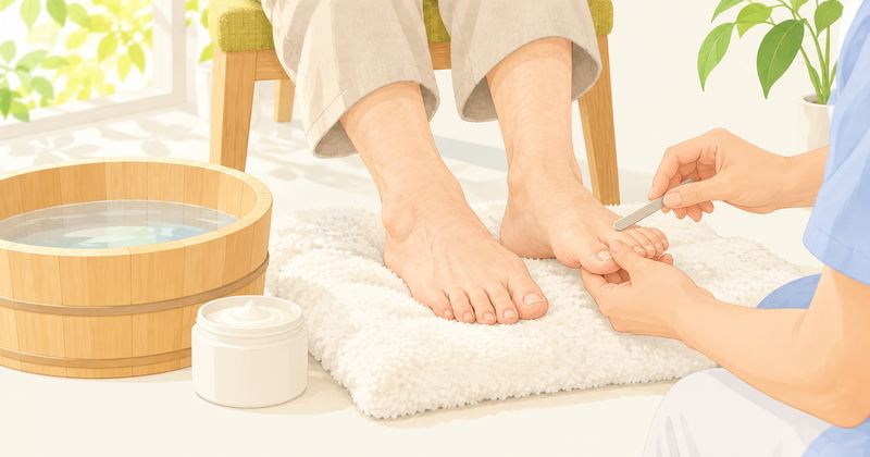 窓辺でひざから下だけが見え、足がふかふかのタオルに乗り、施術者の両手が爪やすりを親指に当て、脇に木の足湯おけがある。
