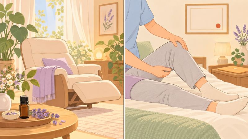 左はくつろぐリクライニングチェアとアロマの部屋、右は施術者の両手がベッドで膝を支える。