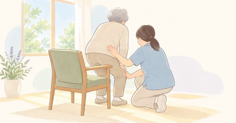 いすから立ち上がろうと両膝に手をつく人の後ろ姿を、施術者がひざをついて膝と背中に手を添えて支えている。