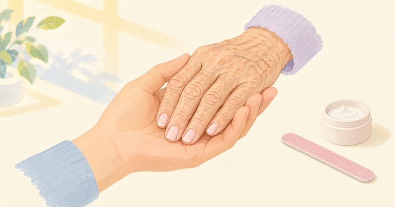 手が下からもう一方の手を包み、包まれた手の爪は短く整えられて淡い桜色に彩られ、脇に小さなクリーム容器がある。