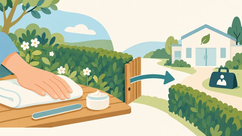 庭でケアを受ける手から生け垣の木戸を矢印が抜け、その先に小さな診療所と往診バッグが描かれている。