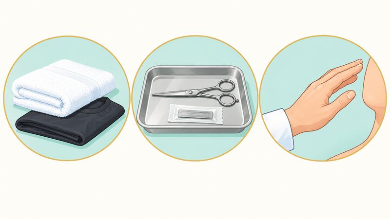 三つの窓に、たたんだタオルとケープ、トレイのハサミと替刃、頬に触れる直前で止まる手が並んでいる。