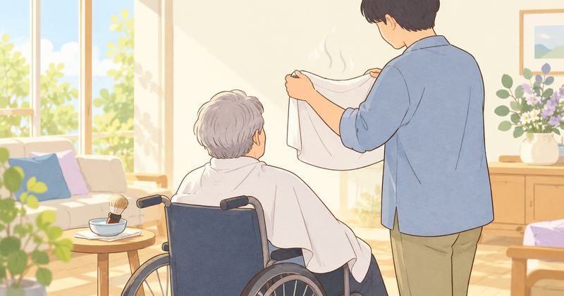 車いすの人が首にケープをかけ、横で理容師が湯気の立つ蒸しタオルを両手で広げ、顔そりの準備をしている。