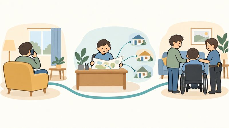 電話をかける人の後ろ姿から1本の道が、地図を広げて3軒の家へ線をのばす相談員の机、車いすの人を2人で囲む居間へと続く。