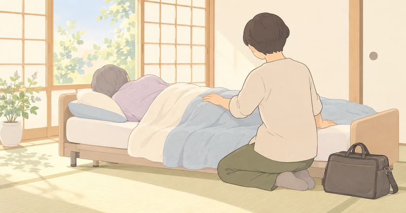 和室の介護ベッドに横になった人の顔は向こう向きで、脇にひざをついた鍼灸師が腰のあたりに手のひらをそっと当てている。