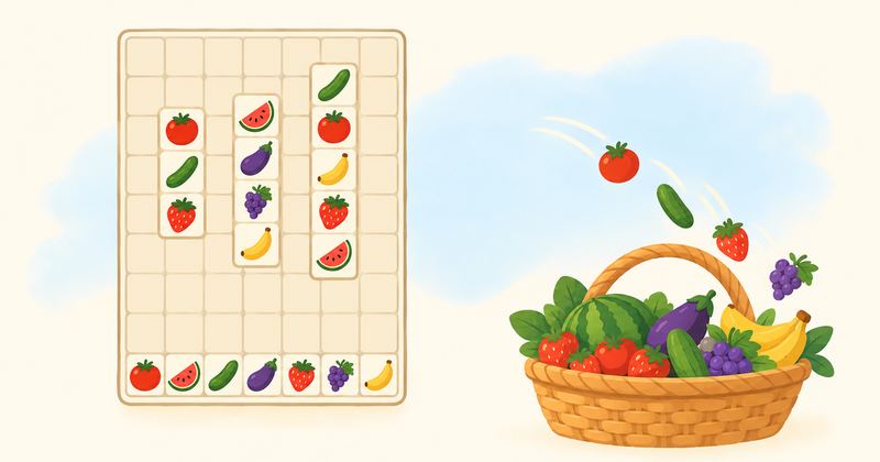 縦長の盤面に野菜や果物の柄のブロックが落ち、そろった列から籐かごへ弧を描いて飛び込んでいる。