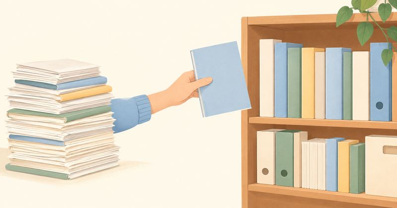 埃をかぶった無地の紙束の山から、手が1冊の本を整然と並ぶ自分専用の本棚へ運んでいる。