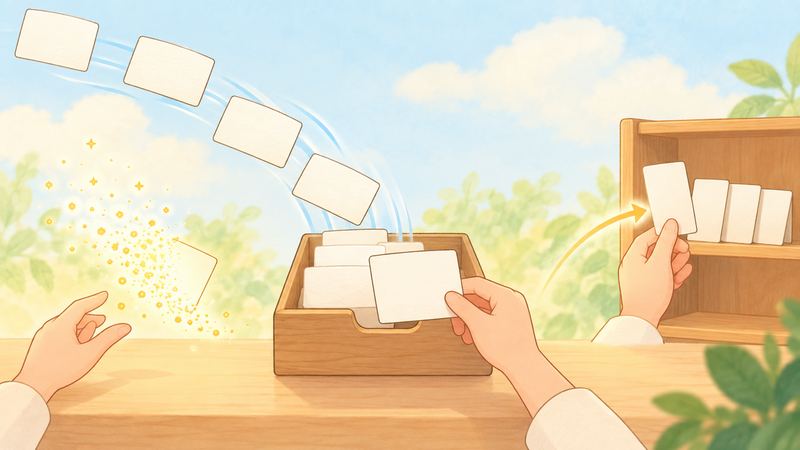 木の受け箱に白紙のカードが流れ込み、手が本棚へ置くカードと、光の粒になって消えていくカードに分けている。