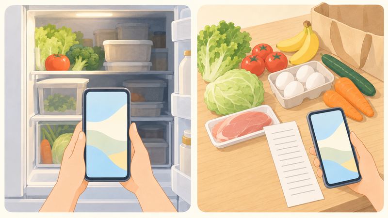 左は冷蔵庫を開けてスマートフォンで撮る手、右はテーブルに並んだ食材とレシートをスマートフォンで撮る手が並んでいる。