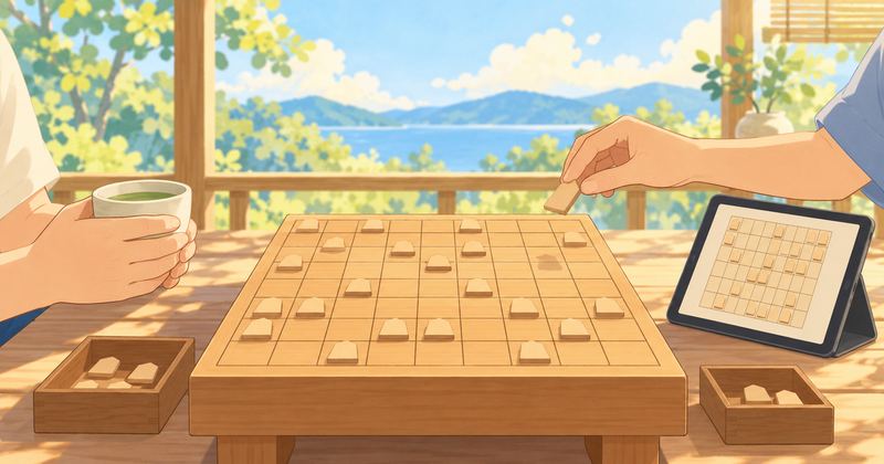縁側の将棋盤を挟んで、湯のみを持つ手と駒をつまむ手が向かい合い、横のタブレットにも同じ盤面が映っている。