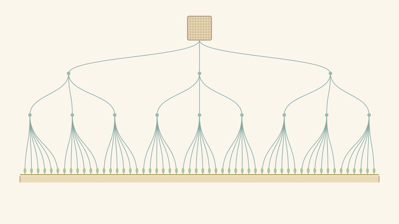 将棋盤から枝分かれして広がる樹形図で、すべての葉先が下の定規の帯にきっちり揃っている。