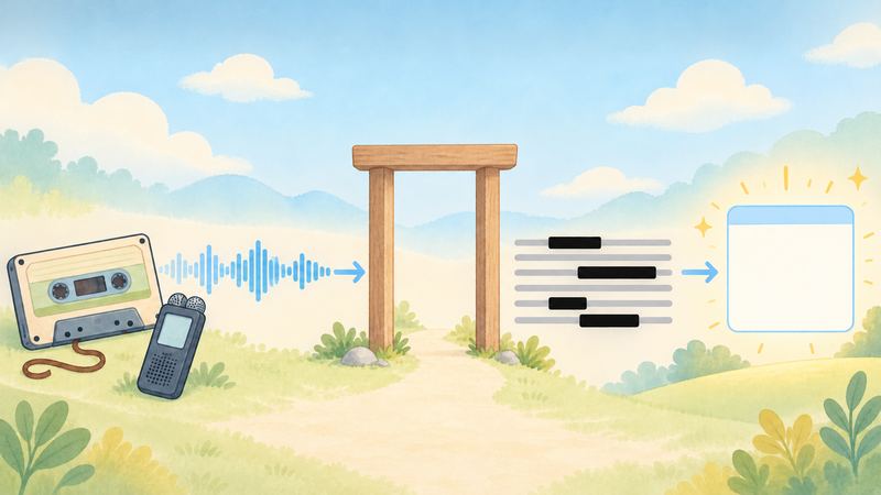 カセットテープや録音機から出る声の波形が門をくぐり、その先で整った文章の一部が黒い帯で伏せられ、光る窓へ届いている。
