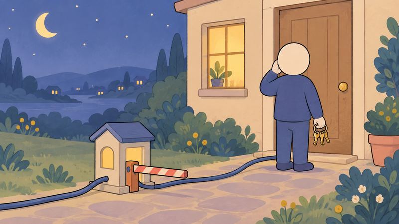 夜の玄関で鍵束を持つ人が扉の前に立ち、足元の電線の途中に小さな番小屋と遮断バーがある。