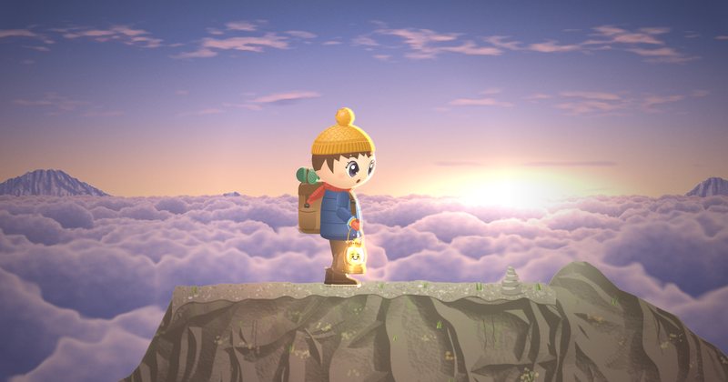 雲海の上の山頂。朝日がのぼる空の下で、ランタンを提げた子どもが遠くの光を見ている。