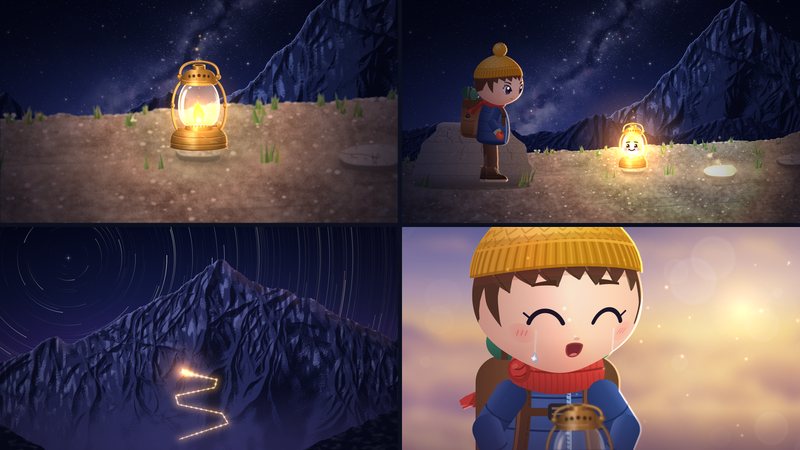 完成版からの4コマ。地面に置かれたランタン、ハルとともしび、山肌をのぼる光の道、朝日の中で泣き笑いするハル。