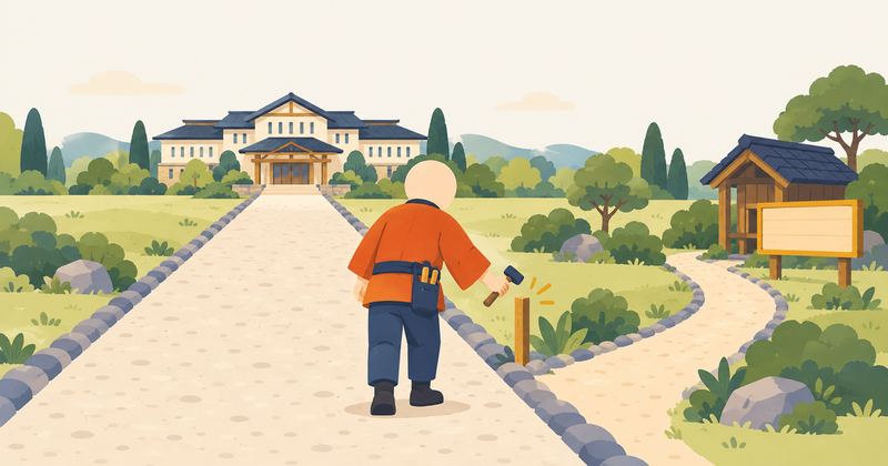 分かれ道で朱色の上着の職人の後ろ姿が、奥の大きな建物へ続く本道を歩きながら、脇の小道の入口に木の杭を打っている。