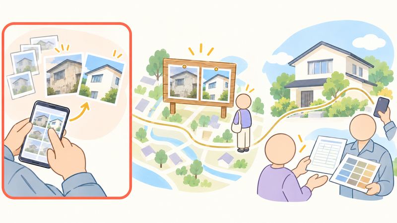 スマホの写真から施工前後の2枚が並び、地図の看板に貼られ、家の前で見積書と色見本を渡す。