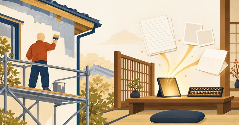 左で朱色の上着の職人が足場で外壁を刷毛で塗り、右の帳場机では光るタブレットから見積書や写真の束が舞い上がっている。