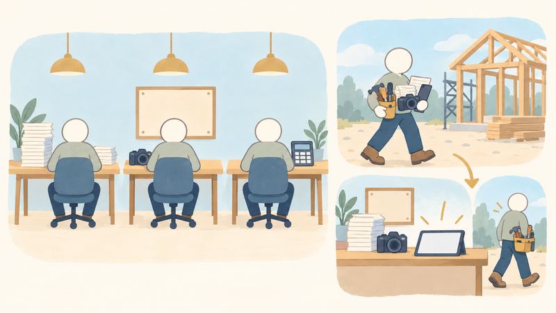 大きな会社では三人が仕事を分担するが、一人親方は道具一式を抱え、帳場のタブレットが一部を引き受けている。