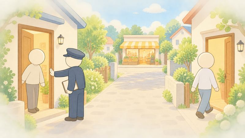 並んだ2軒の家のうち、左は制服姿の人が住人を手で引き止め、右は住人が通りへ歩き出し、先に灯りのついた店が見える。
